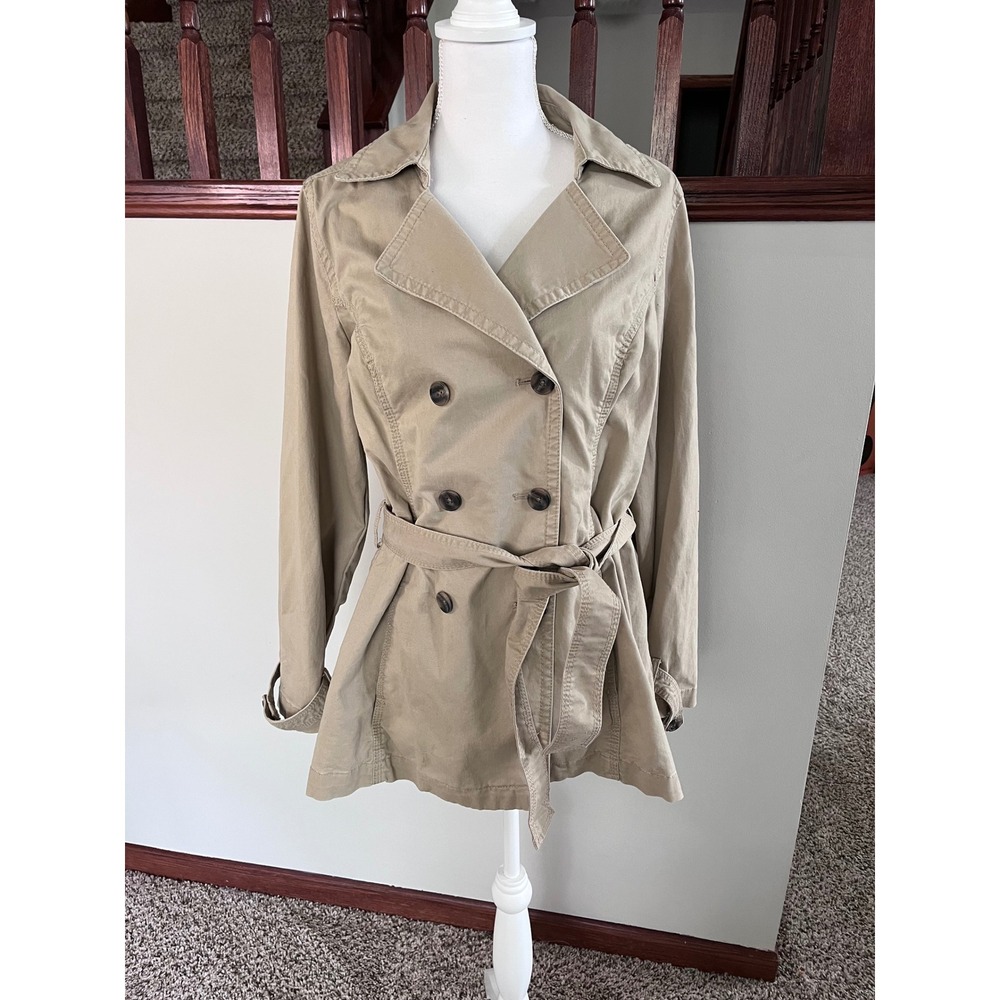 Sonoma Life Style Womens Khaki Tan Double Breasted Belted Trench Coat Jacket L